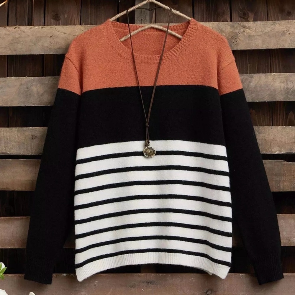 Emery Rose Orange and Black Striped Women's Sweater